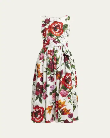 Dolce & Gabbana Anemone Floral Pleated Popeline Midi Dress With Belt | Thumbnail 5 Dolce & Gabbana Anemone Floral Pleated Popeline Midi Dress With Belt | Thumbnail 5