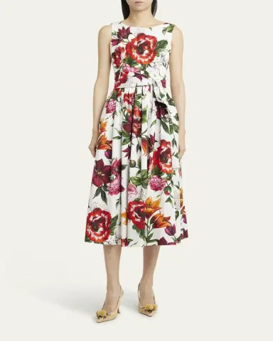 Dolce & Gabbana Anemone Floral Pleated Popeline Midi Dress With Belt | Thumbnail 6 Dolce & Gabbana Anemone Floral Pleated Popeline Midi Dress With Belt | Thumbnail 6