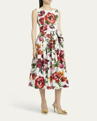 Dolce & Gabbana Anemone Floral Pleated Popeline Midi Dress With Belt | Thumbnail 8 Dolce & Gabbana Anemone Floral Pleated Popeline Midi Dress With Belt | Thumbnail 8