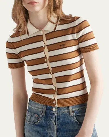 Prada Striped Short-Sleeve Polo Sweater | Thumbnail 4 Prada Striped Short-Sleeve Polo Sweater | Thumbnail 4