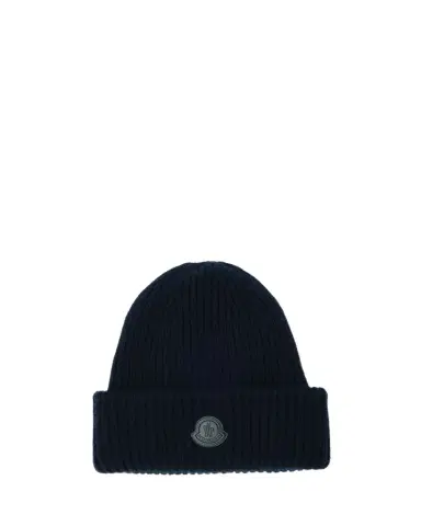 Moncler Men's Cashmere Rib Leather-Logo Beanie Hat | Thumbnail 1 Moncler Men's Cashmere Rib Leather-Logo Beanie Hat | Thumbnail 1