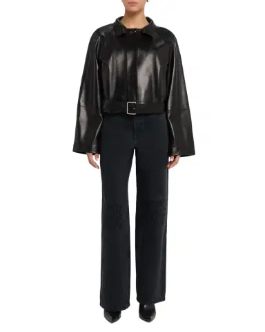 Loewe High-Neck Leather Belted Crop Trench Jacket | Thumbnail 1 Loewe High-Neck Leather Belted Crop Trench Jacket | Thumbnail 1