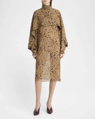 FERRAGAMO Orchid Print Silk Cape Midi Dress | Thumbnail 3 FERRAGAMO Orchid Print Silk Cape Midi Dress | Thumbnail 3
