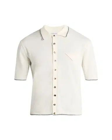 Bottega Veneta Men's Stripe Intarsia Knit Polo Shirt | Thumbnail 1 Bottega Veneta Men's Stripe Intarsia Knit Polo Shirt | Thumbnail 1