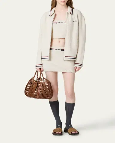 Miu Miu Striped-Trim Cotton Crochet Zip Cardigan | Thumbnail 2 Miu Miu Striped-Trim Cotton Crochet Zip Cardigan | Thumbnail 2