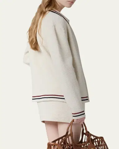 Miu Miu Striped-Trim Cotton Crochet Zip Cardigan | Thumbnail 3 Miu Miu Striped-Trim Cotton Crochet Zip Cardigan | Thumbnail 3