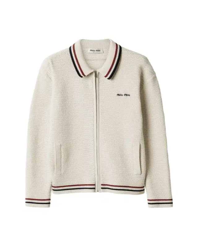 Striped-Trim Cotton Crochet Zip Cardigan Striped-Trim Cotton Crochet Zip Cardigan