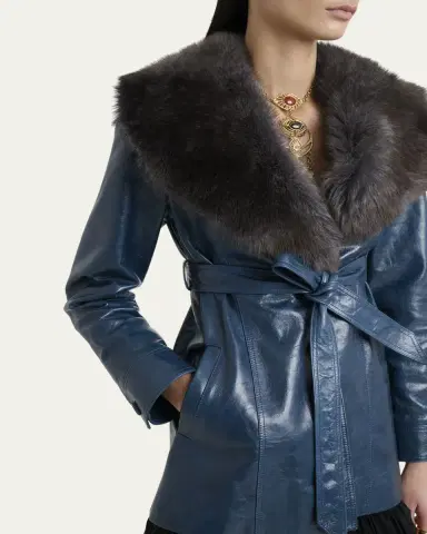 Chloé Lamb Shearling Collar Shiny Leather Short Wrap Coat | Thumbnail 3 Chloé Lamb Shearling Collar Shiny Leather Short Wrap Coat | Thumbnail 3