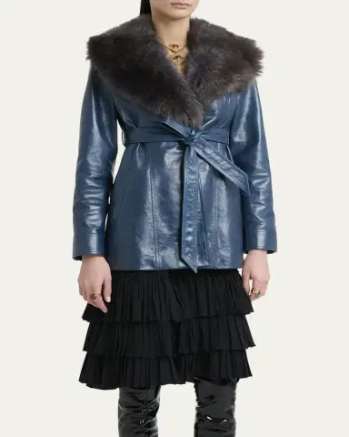 Chloé Lamb Shearling Collar Shiny Leather Short Wrap Coat | Thumbnail 5 Chloé Lamb Shearling Collar Shiny Leather Short Wrap Coat | Thumbnail 5