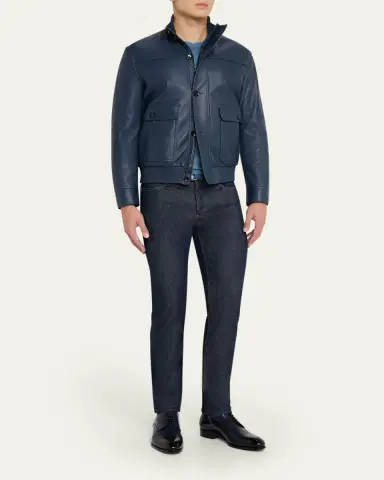 Brioni Men's Leather Button-Front Blouson | Thumbnail 2 Brioni Men's Leather Button-Front Blouson | Thumbnail 2