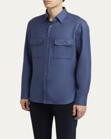 Brioni Men's Wool Twill Double-Pocket Military Shirt | Thumbnail 4 Brioni Men's Wool Twill Double-Pocket Military Shirt | Thumbnail 4