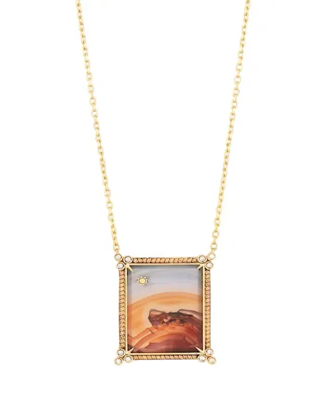 18K Yellow Gold Agate Landscape Necklace with Sun Detail, Diamonds and Orange Sapphires 18K Yellow Gold Agate Landscape Necklace with Sun Detail, Diamonds and Orange Sapphires