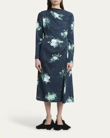 Erdem Floral Long-Sleeve Draped Midi Dress | Thumbnail 2 Erdem Floral Long-Sleeve Draped Midi Dress | Thumbnail 2