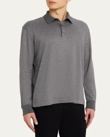 ZEGNA Men's Melange Cotton Long-Sleeve Polo Shirt | Thumbnail 4 ZEGNA Men's Melange Cotton Long-Sleeve Polo Shirt | Thumbnail 4