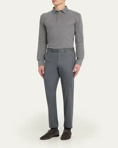 Zegna Men's Leather-Trim Melange Cotton Long-Sleeve Polo Shirt | Thumbnail 2 Zegna Men's Leather-Trim Melange Cotton Long-Sleeve Polo Shirt | Thumbnail 2