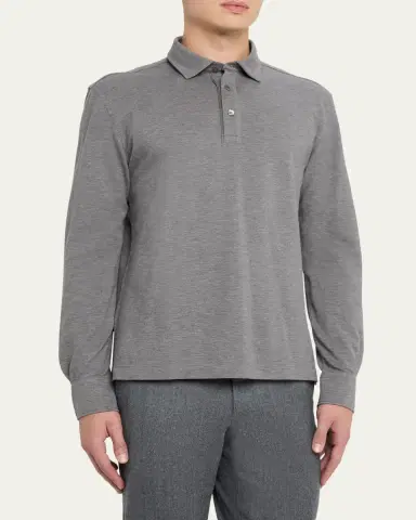 Zegna Men's Leather-Trim Melange Cotton Long-Sleeve Polo Shirt | Thumbnail 4 Zegna Men's Leather-Trim Melange Cotton Long-Sleeve Polo Shirt | Thumbnail 4