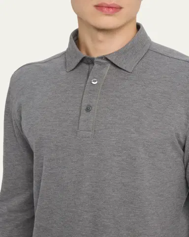 Zegna Men's Leather-Trim Melange Cotton Long-Sleeve Polo Shirt | Thumbnail 5 Zegna Men's Leather-Trim Melange Cotton Long-Sleeve Polo Shirt | Thumbnail 5