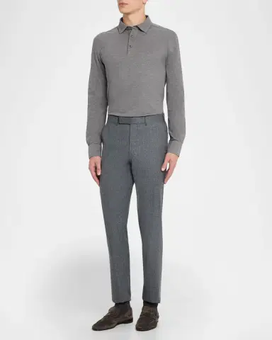 Zegna Men's Leather-Trim Melange Cotton Long-Sleeve Polo Shirt | Thumbnail 6 Zegna Men's Leather-Trim Melange Cotton Long-Sleeve Polo Shirt | Thumbnail 6