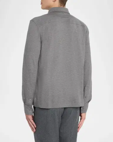 Zegna Men's Leather-Trim Melange Cotton Long-Sleeve Polo Shirt | Thumbnail 7 Zegna Men's Leather-Trim Melange Cotton Long-Sleeve Polo Shirt | Thumbnail 7