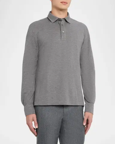 Zegna Men's Leather-Trim Melange Cotton Long-Sleeve Polo Shirt | Thumbnail 8 Zegna Men's Leather-Trim Melange Cotton Long-Sleeve Polo Shirt | Thumbnail 8