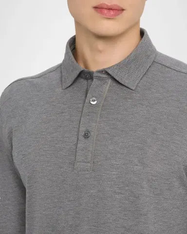 Zegna Men's Leather-Trim Melange Cotton Long-Sleeve Polo Shirt | Thumbnail 9 Zegna Men's Leather-Trim Melange Cotton Long-Sleeve Polo Shirt | Thumbnail 9