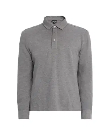 Zegna Men's Leather-Trim Melange Cotton Long-Sleeve Polo Shirt | Thumbnail 1 Zegna Men's Leather-Trim Melange Cotton Long-Sleeve Polo Shirt | Thumbnail 1