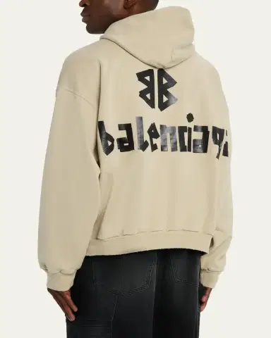 Balenciaga Men's Cotton Tape Logo Ripped-Pocket Hoodie | Thumbnail 3 Balenciaga Men's Cotton Tape Logo Ripped-Pocket Hoodie | Thumbnail 3