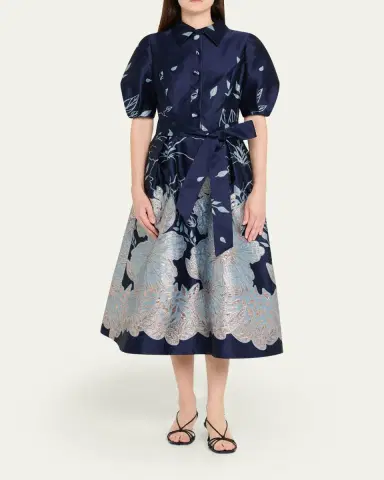 Rickie Freeman for Teri Jon Puff-Sleeve Floral Jacquard Midi Shirtdress | Thumbnail 2 Rickie Freeman for Teri Jon Puff-Sleeve Floral Jacquard Midi Shirtdress | Thumbnail 2