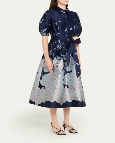 Rickie Freeman for Teri Jon Puff-Sleeve Floral Jacquard Midi Shirtdress | Thumbnail 4 Rickie Freeman for Teri Jon Puff-Sleeve Floral Jacquard Midi Shirtdress | Thumbnail 4
