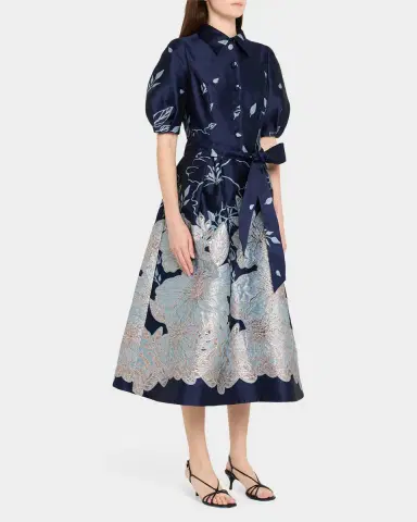 Rickie Freeman for Teri Jon Puff-Sleeve Floral Jacquard Midi Shirtdress | Thumbnail 8 Rickie Freeman for Teri Jon Puff-Sleeve Floral Jacquard Midi Shirtdress | Thumbnail 8