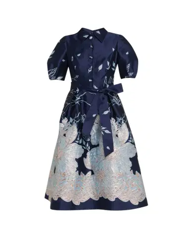 Rickie Freeman for Teri Jon Puff-Sleeve Floral Jacquard Midi Shirtdress | Thumbnail 1 Rickie Freeman for Teri Jon Puff-Sleeve Floral Jacquard Midi Shirtdress | Thumbnail 1