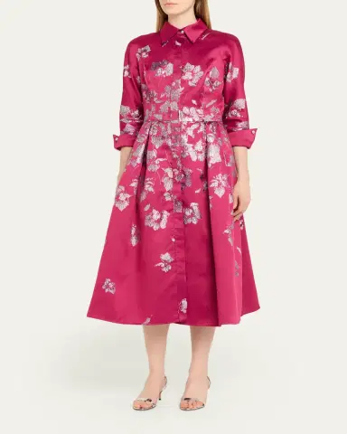 Rickie Freeman for Teri Jon Pleated Metallic Jacquard Midi Shirtdress | Thumbnail 4 Rickie Freeman for Teri Jon Pleated Metallic Jacquard Midi Shirtdress | Thumbnail 4