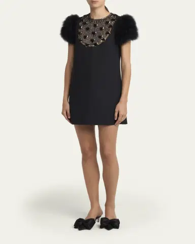 Valentino Garavani Embroidered Bib Feather-Sleeve Mini Dress | Thumbnail 4 Valentino Garavani Embroidered Bib Feather-Sleeve Mini Dress | Thumbnail 4