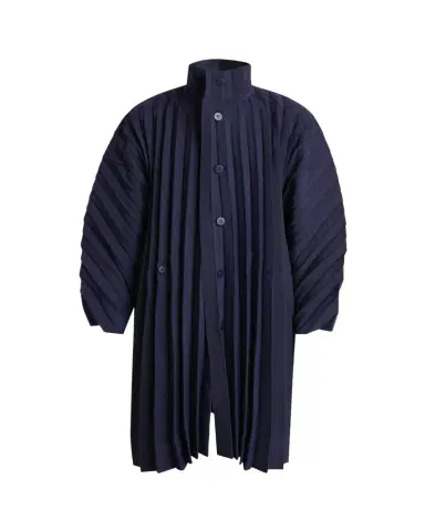 Homme Plissé Issey Miyake Men's Navy Edge Pleated Overcoat | Thumbnail 1 Homme Plissé Issey Miyake Men's Navy Edge Pleated Overcoat | Thumbnail 1