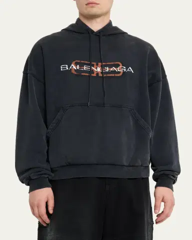 Balenciaga Men's Faded Black Terry BB Stencil Hoodie | Thumbnail 4 Balenciaga Men's Faded Black Terry BB Stencil Hoodie | Thumbnail 4