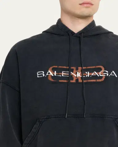 Balenciaga Men's Faded Black Terry BB Stencil Hoodie | Thumbnail 5 Balenciaga Men's Faded Black Terry BB Stencil Hoodie | Thumbnail 5