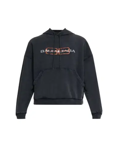 Balenciaga Men's Faded Black Terry BB Stencil Hoodie | Thumbnail 1 Balenciaga Men's Faded Black Terry BB Stencil Hoodie | Thumbnail 1