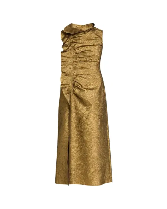 Demetria Metallic Sleeveless Ruched Midi Dress Demetria Metallic Sleeveless Ruched Midi Dress
