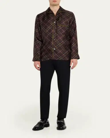 Burberry Men's Check Silk Long-Sleeve Pajama Shirt | Thumbnail 2 Burberry Men's Check Silk Long-Sleeve Pajama Shirt | Thumbnail 2