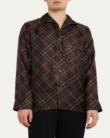Burberry Men's Check Silk Long-Sleeve Pajama Shirt | Thumbnail 4 Burberry Men's Check Silk Long-Sleeve Pajama Shirt | Thumbnail 4