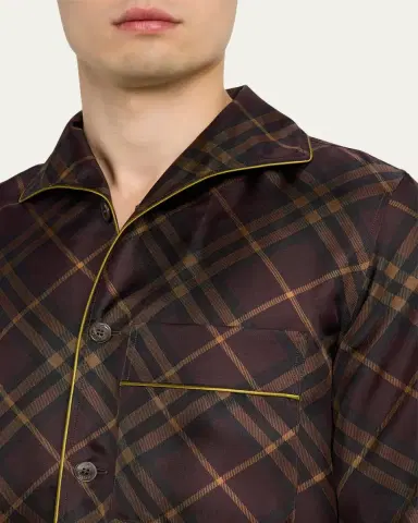 Burberry Men's Check Silk Long-Sleeve Pajama Shirt | Thumbnail 5 Burberry Men's Check Silk Long-Sleeve Pajama Shirt | Thumbnail 5
