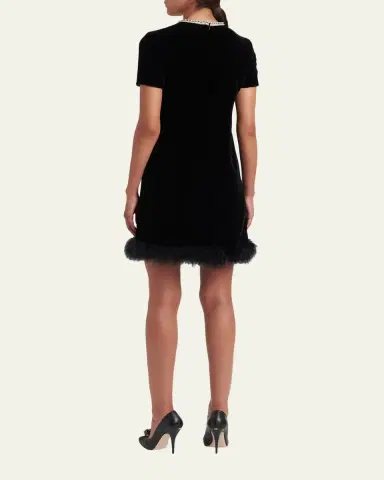 Valentino Garavani Crystal Bow Velvet Mini Dress With Feather Trim | Thumbnail 3 Valentino Garavani Crystal Bow Velvet Mini Dress With Feather Trim | Thumbnail 3