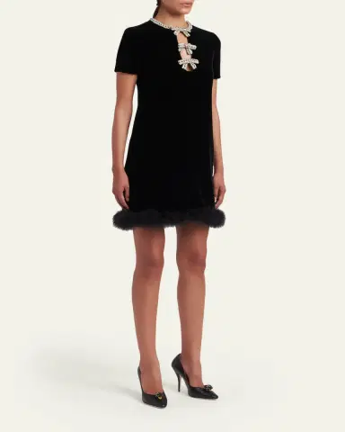 Valentino Garavani Crystal Bow Velvet Mini Dress With Feather Trim | Thumbnail 4 Valentino Garavani Crystal Bow Velvet Mini Dress With Feather Trim | Thumbnail 4