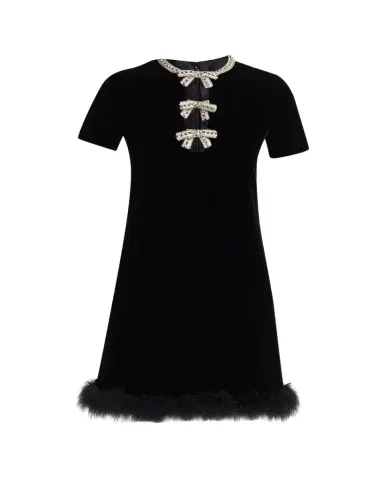 Valentino Garavani Crystal Bow Velvet Mini Dress With Feather Trim | Thumbnail 1 Valentino Garavani Crystal Bow Velvet Mini Dress With Feather Trim | Thumbnail 1