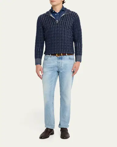 Brunello Cucinelli Men's Denim Spread Collar Button-Down Shirt | Thumbnail 2 Brunello Cucinelli Men's Denim Spread Collar Button-Down Shirt | Thumbnail 2