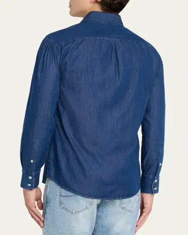 Brunello Cucinelli Men's Denim Spread Collar Button-Down Shirt | Thumbnail 3 Brunello Cucinelli Men's Denim Spread Collar Button-Down Shirt | Thumbnail 3