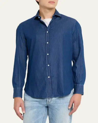 Brunello Cucinelli Men's Denim Spread Collar Button-Down Shirt | Thumbnail 4 Brunello Cucinelli Men's Denim Spread Collar Button-Down Shirt | Thumbnail 4