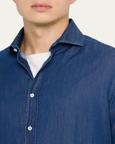 Brunello Cucinelli Men's Denim Spread Collar Button-Down Shirt | Thumbnail 5 Brunello Cucinelli Men's Denim Spread Collar Button-Down Shirt | Thumbnail 5