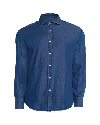 Brunello Cucinelli Men's Denim Spread Collar Button-Down Shirt | Thumbnail 1 Brunello Cucinelli Men's Denim Spread Collar Button-Down Shirt | Thumbnail 1