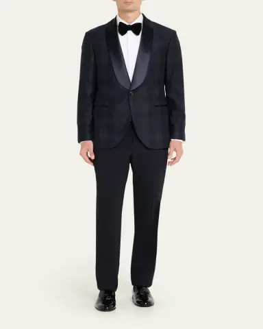 Brunello Cucinelli Men's Overplaid Satin Shawl-Lapel Tuxedo Jacket | Thumbnail 2 Brunello Cucinelli Men's Overplaid Satin Shawl-Lapel Tuxedo Jacket | Thumbnail 2